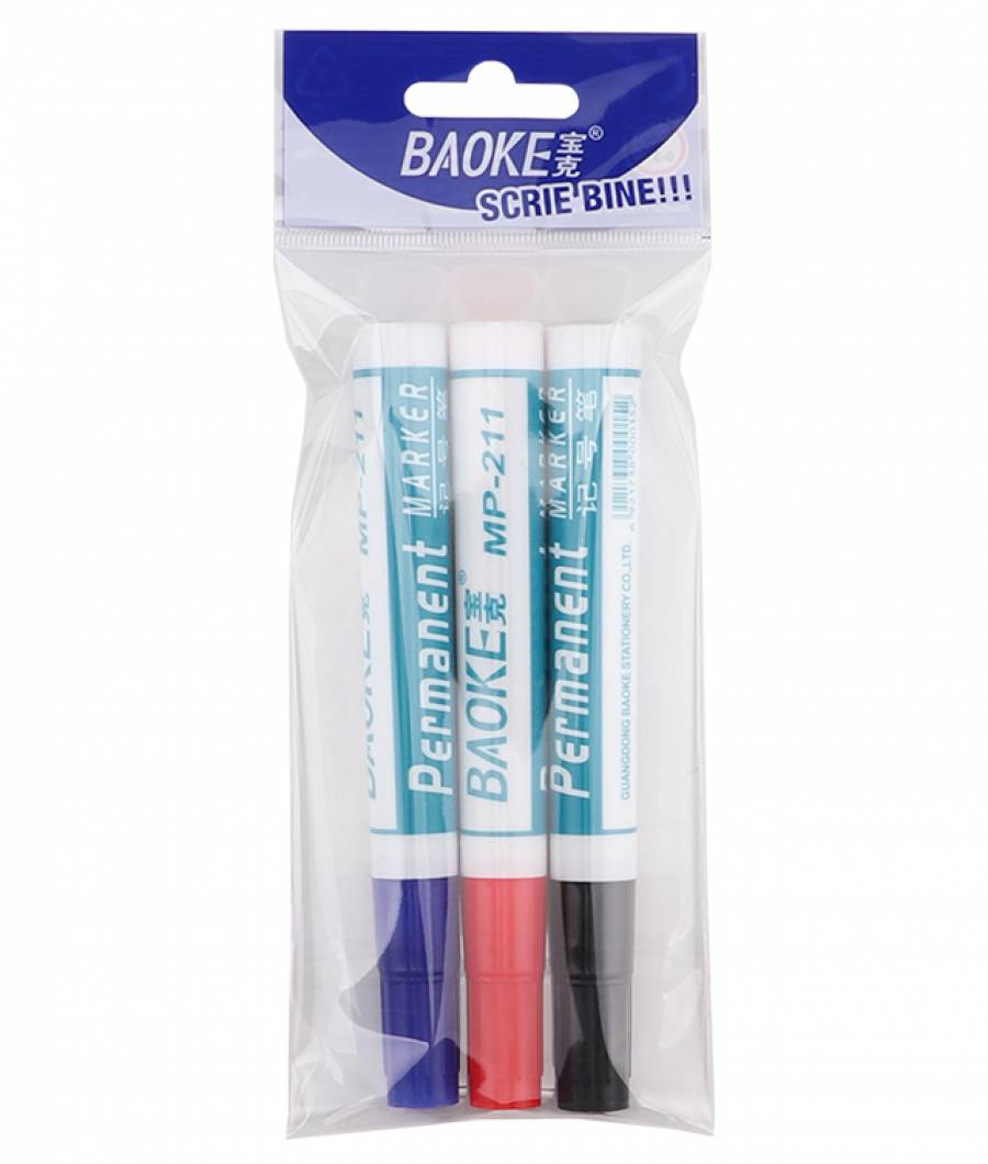 Marker Permanent BAOKE CLASIC 3buc in set ALBASTRU