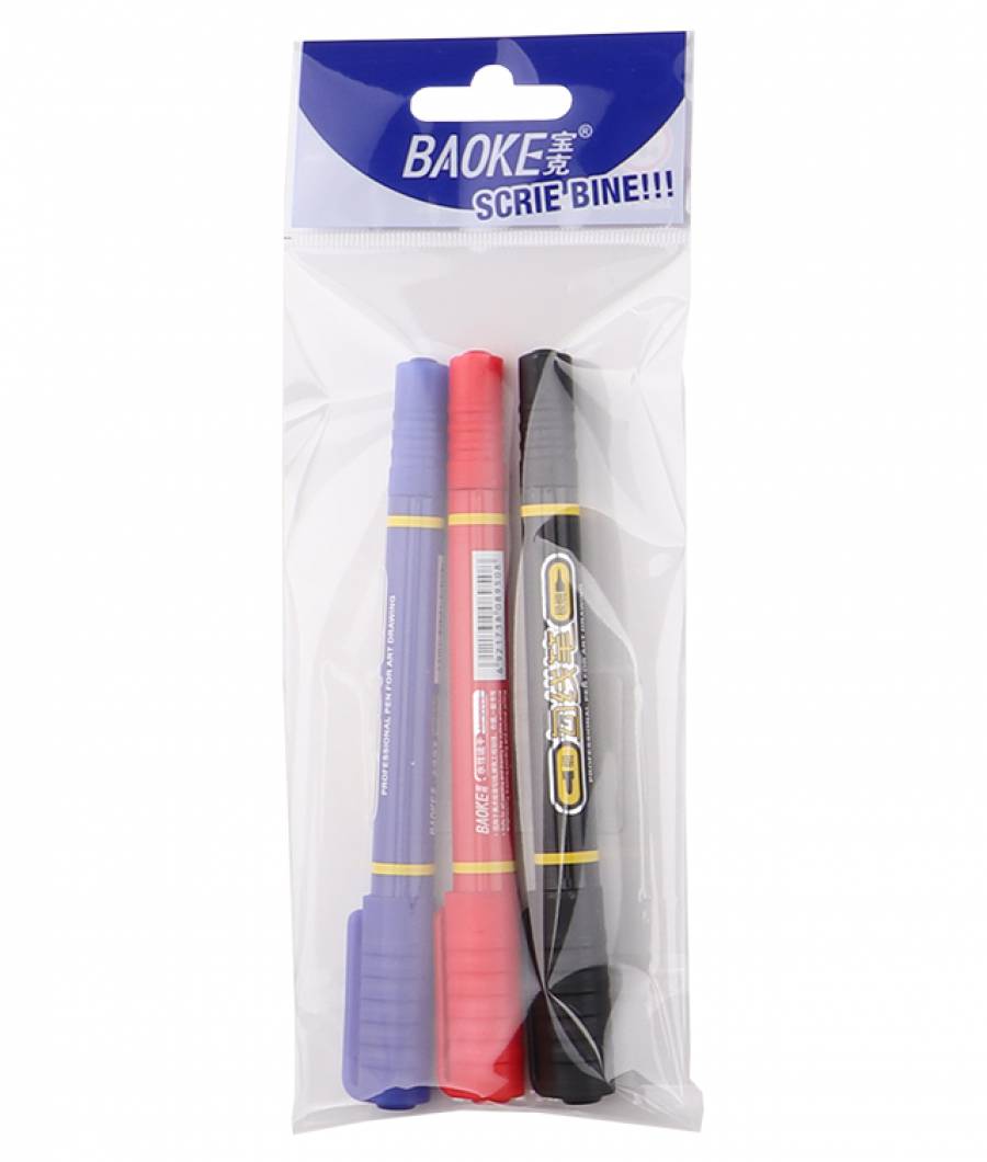 Marker Permanent BAOKE S 3buc in set 2 capete MIXT